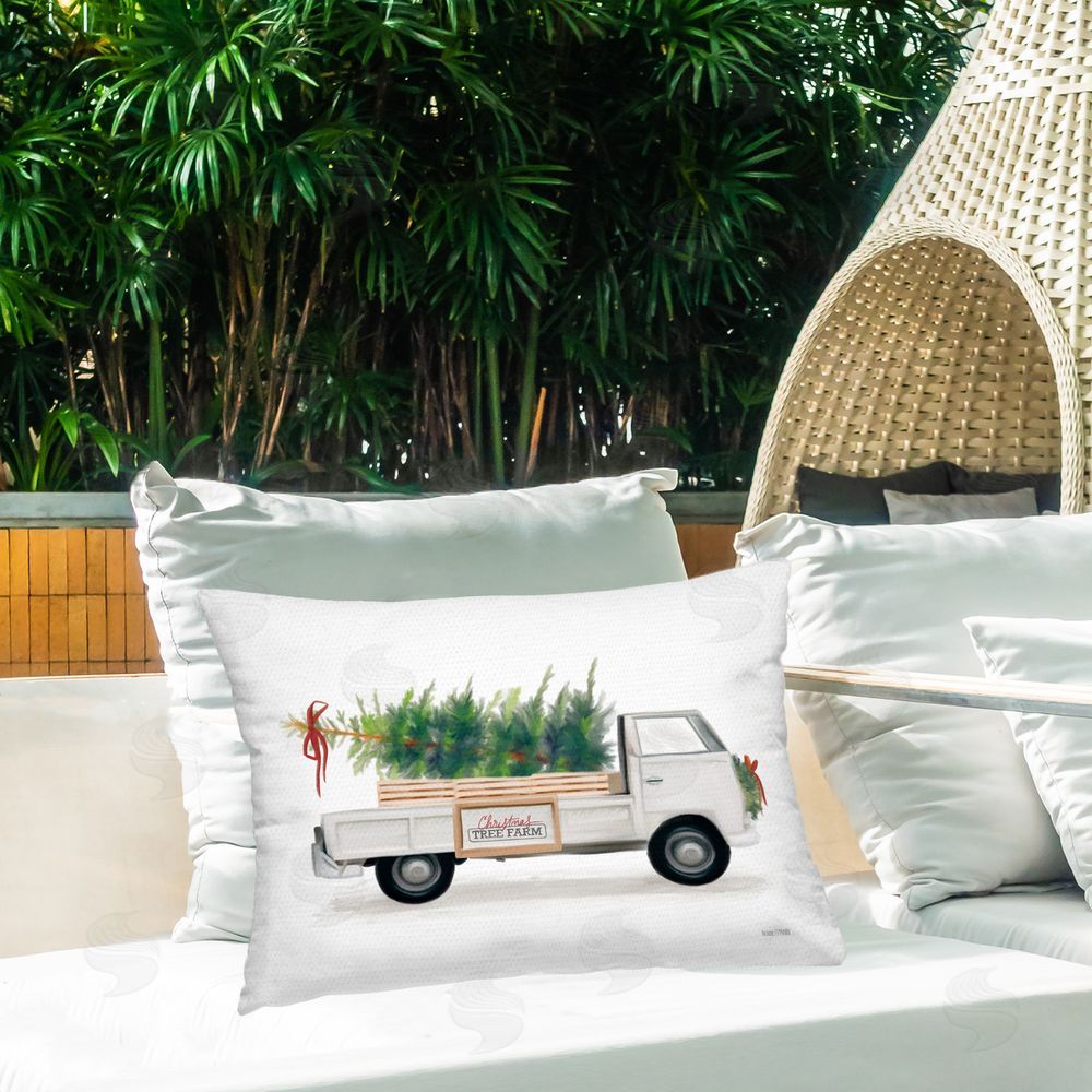 House Fenway Holiday Tree Truck Outdoor Quick-Dry Polyester Printed Throw Pillow in Back Yard