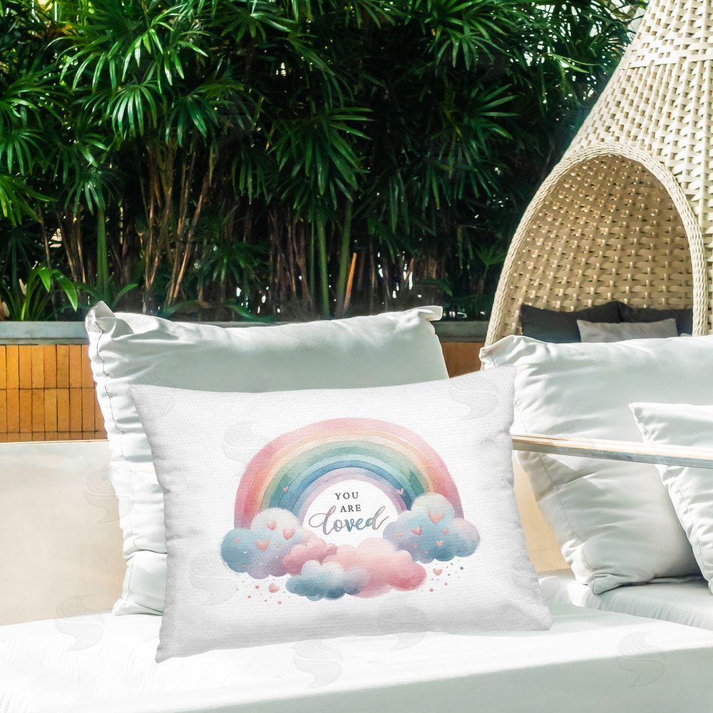 Amanda Greenwood Rainbow with Soft Hearts Outdoor Quick-Dry Polyester Printed Throw Pillow in Back Yard