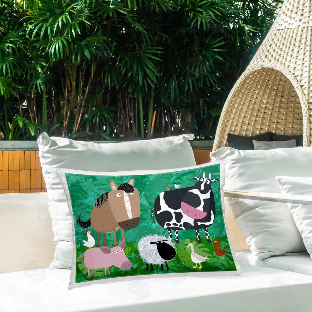 Carla Daly Whimsical Farm Animals Outdoor Quick-Dry Polyester Printed Throw Pillow in Back Yard