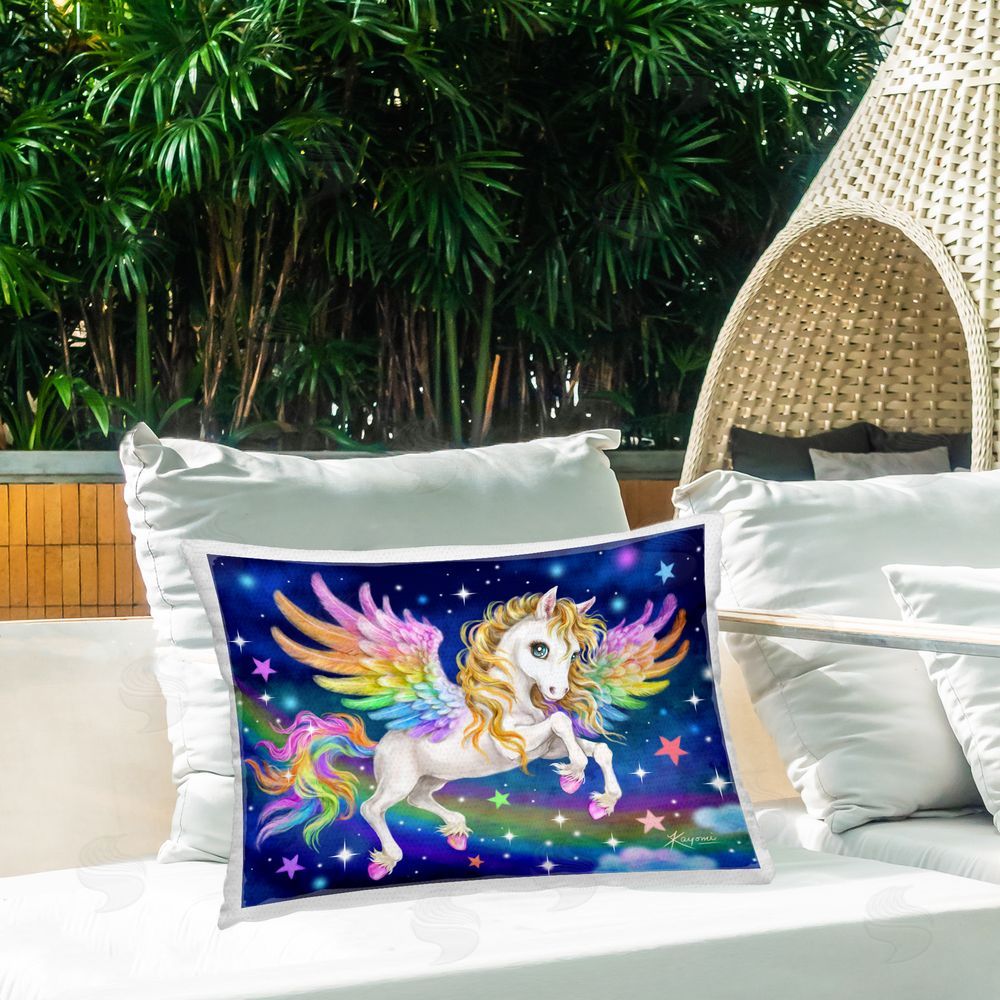 Kayomi Harai Pegasus in Outer Space Outdoor Quick-Dry Polyester Printed Throw Pillow in Back Yard