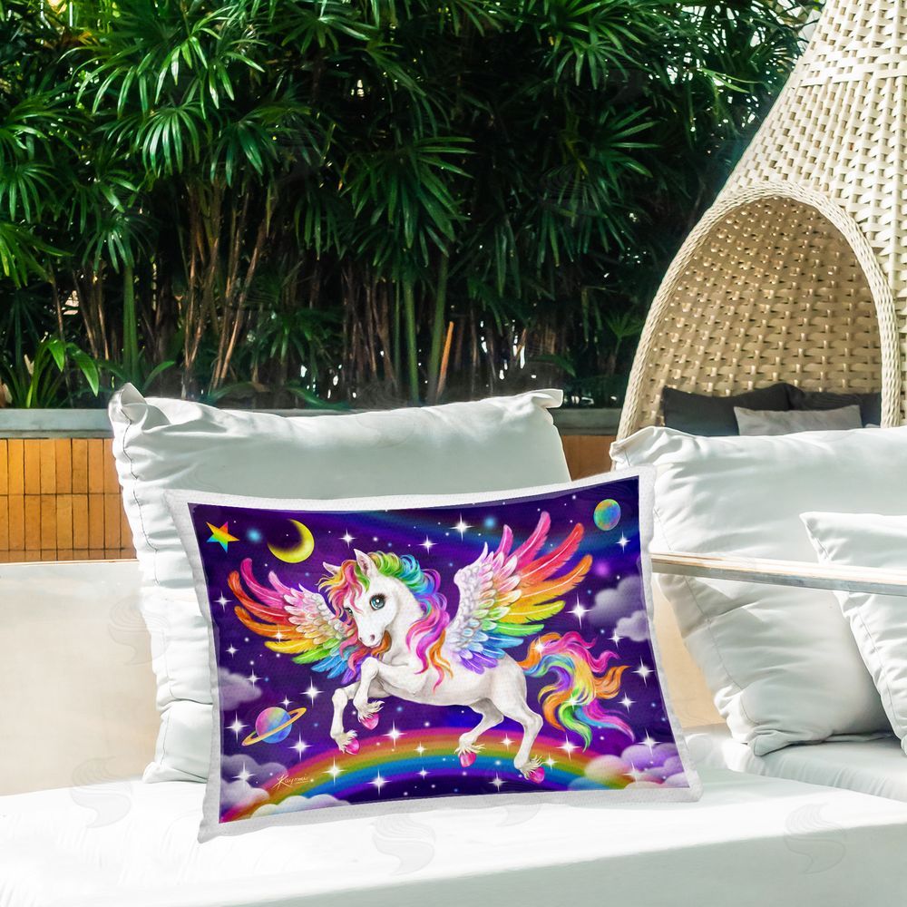 Kayomi Harai Rainbow Horse in Space Outdoor Quick-Dry Polyester Printed Throw Pillow in Back Yard