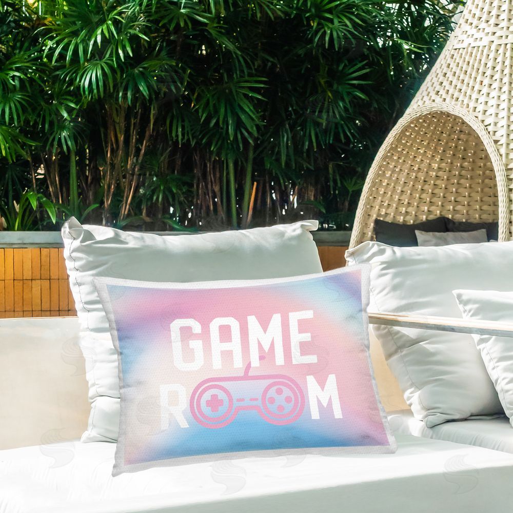 Lux + Me Designs Pastel Game Room Sign Outdoor Quick-Dry Polyester Printed Throw Pillow in Back Yard