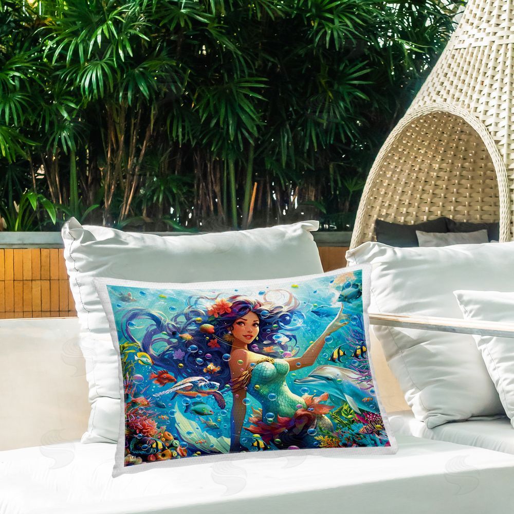 Michael David Ward Underwater Smiling Mermaid Outdoor Quick-Dry Polyester Printed Throw Pillow in Back Yard
