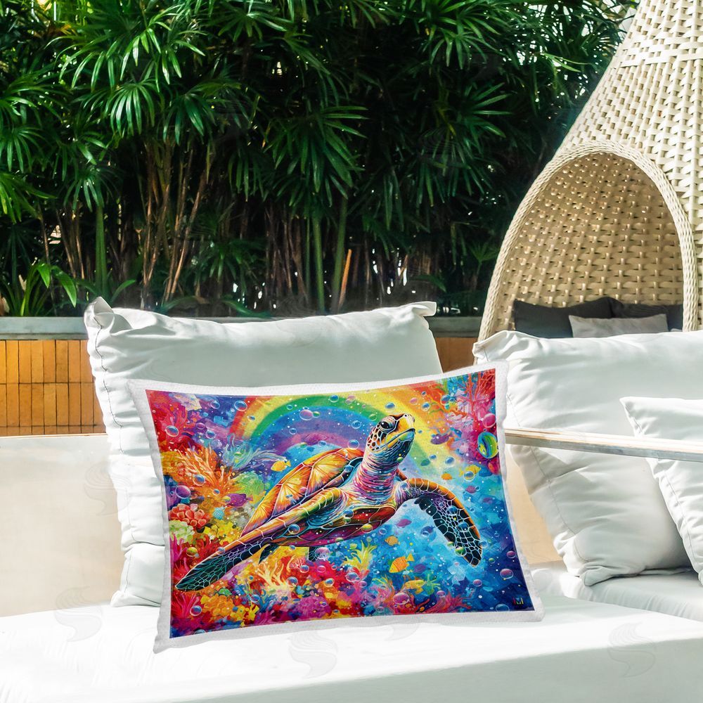 Michael David Ward Underwater Turtle & Rainbow Outdoor Quick-Dry Polyester Printed Throw Pillow in Back Yard