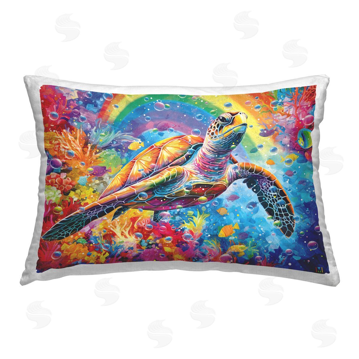 Michael David Ward Underwater Turtle & Rainbow Printed Plush Polyester Throw Pillow