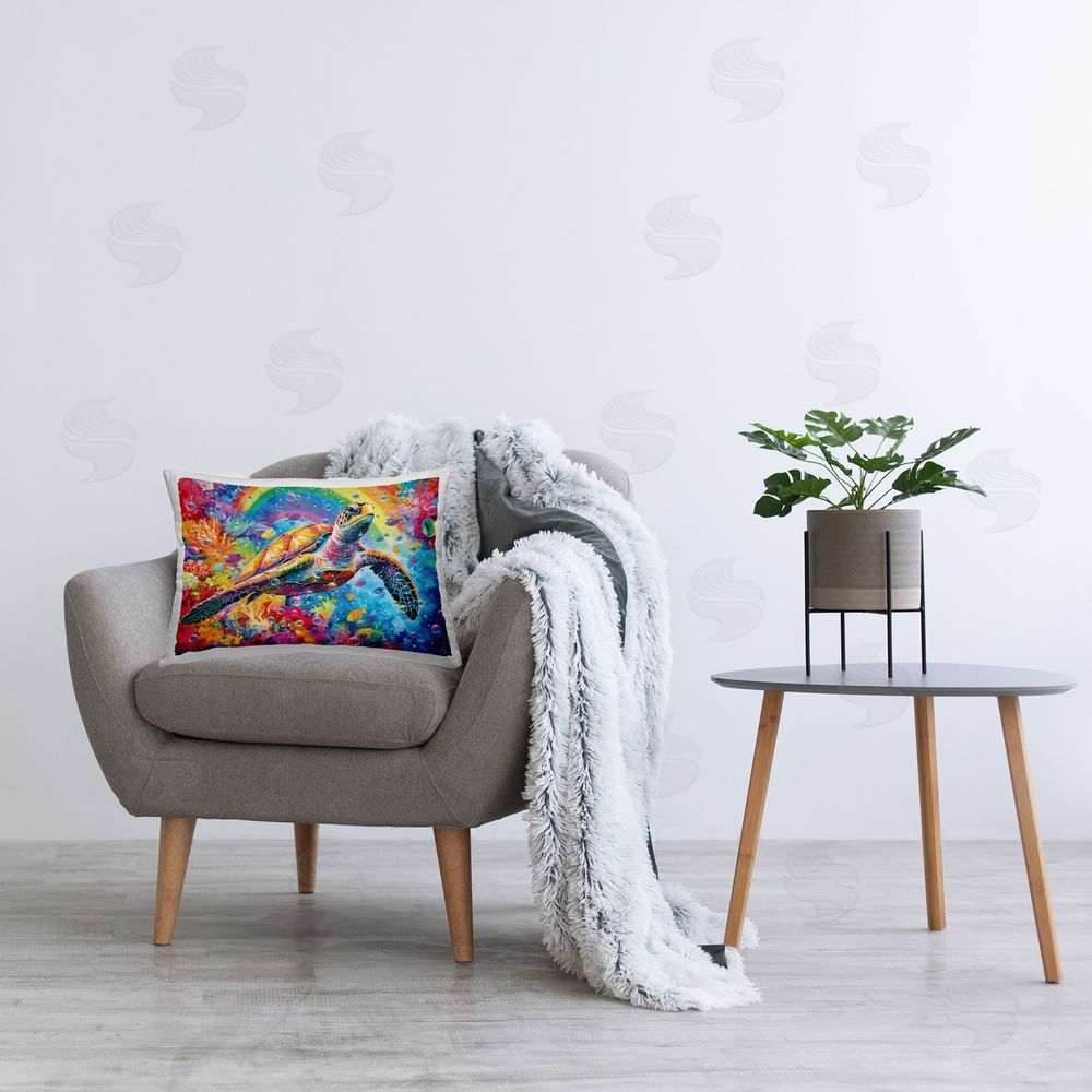 Michael David Ward Underwater Turtle & Rainbow Printed Plush Polyester Throw Pillow On Chair