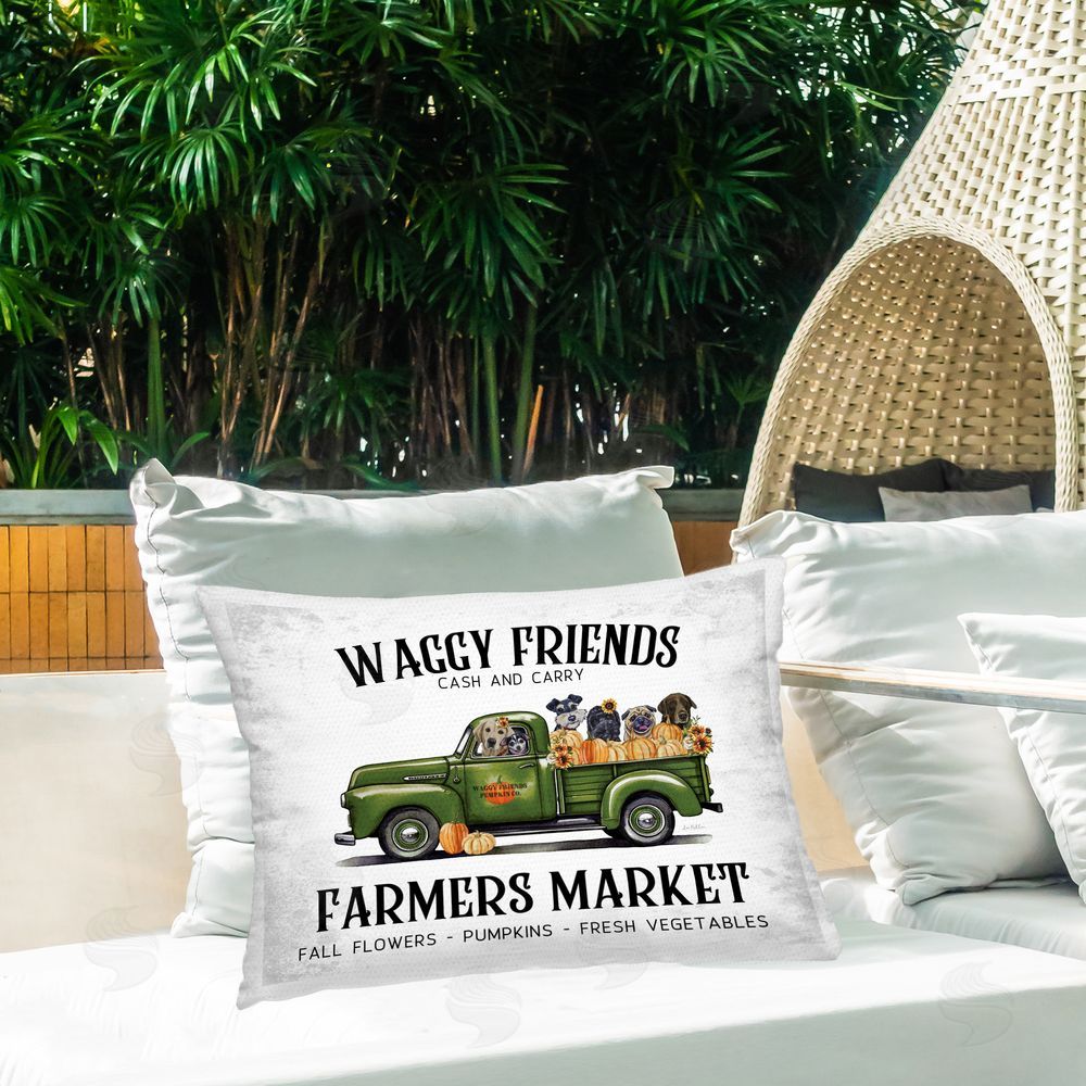 Lee Keller Waggy Friends Fall Market Outdoor Quick-Dry Polyester Printed Throw Pillow in Back Yard