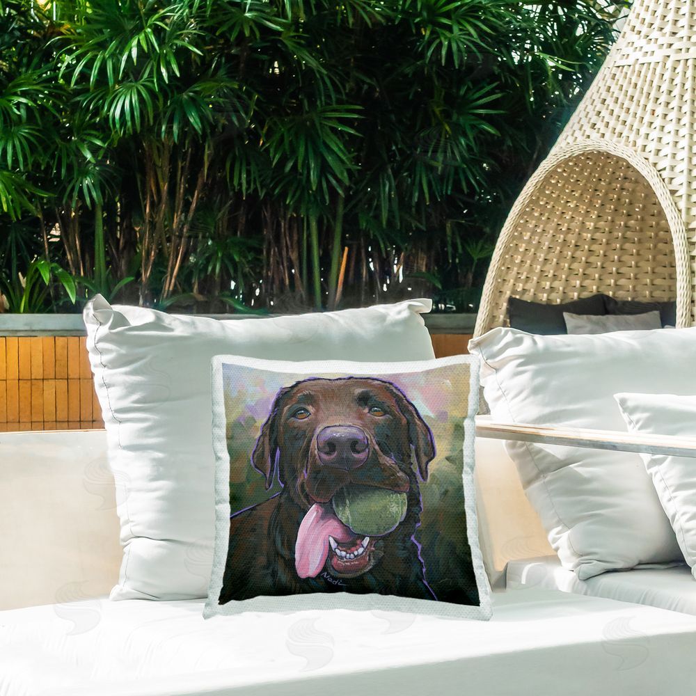 Nadi Spencer Labrador & Tennis Ball Outdoor Quick-Dry Polyester Printed Throw Pillow in Back Yard