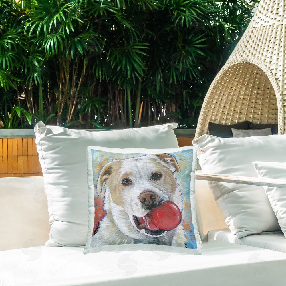 Nadi Spencer Dog with Red Ball Outdoor Quick-Dry Polyester Printed Throw Pillow in Back Yard