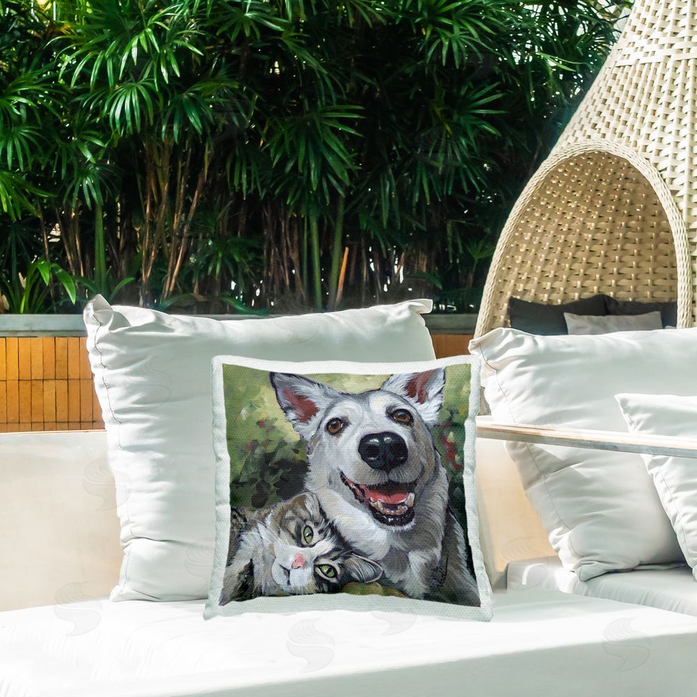 Nadi Spencer Smiling Dog & Cat Friends Outdoor Quick-Dry Polyester Printed Throw Pillow in Back Yard