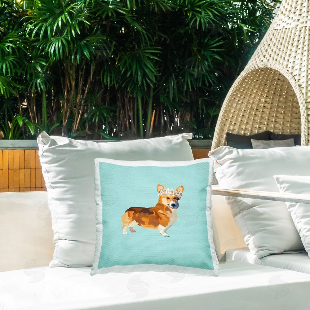 Amelia Noyes Royal Corgi on Turquoise Outdoor Quick-Dry Polyester Printed Throw Pillow in Back Yard
