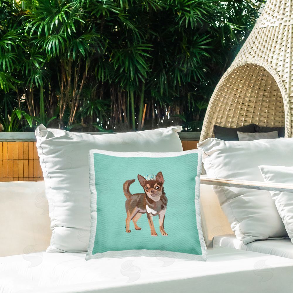 Amelia Noyes Chihuahua with Crown Outdoor Quick-Dry Polyester Printed Throw Pillow in Back Yard