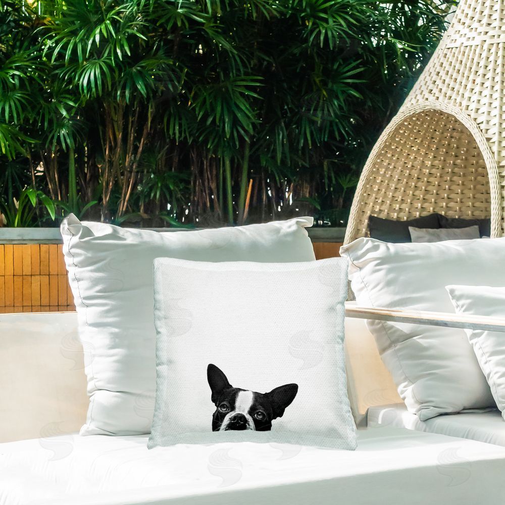 Jon Bertelli Peeking Dog Eyes Outdoor Quick-Dry Polyester Printed Throw Pillow in Back Yard