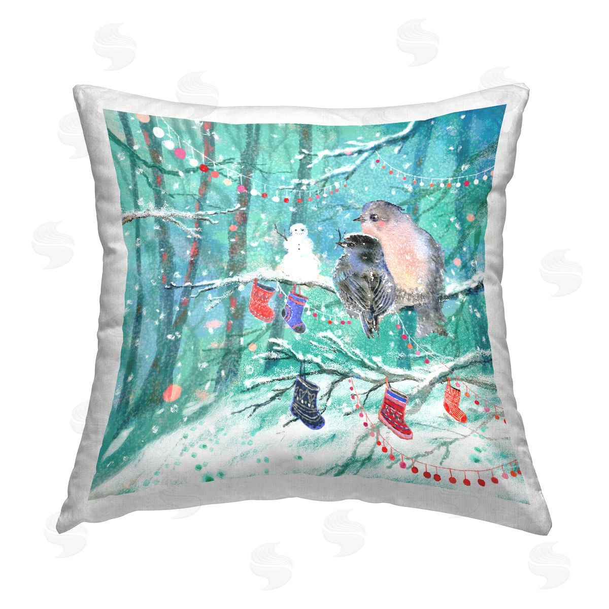 Antonia Verbrugge Snowman & Birds in Forest Printed Plush Polyester Throw Pillow