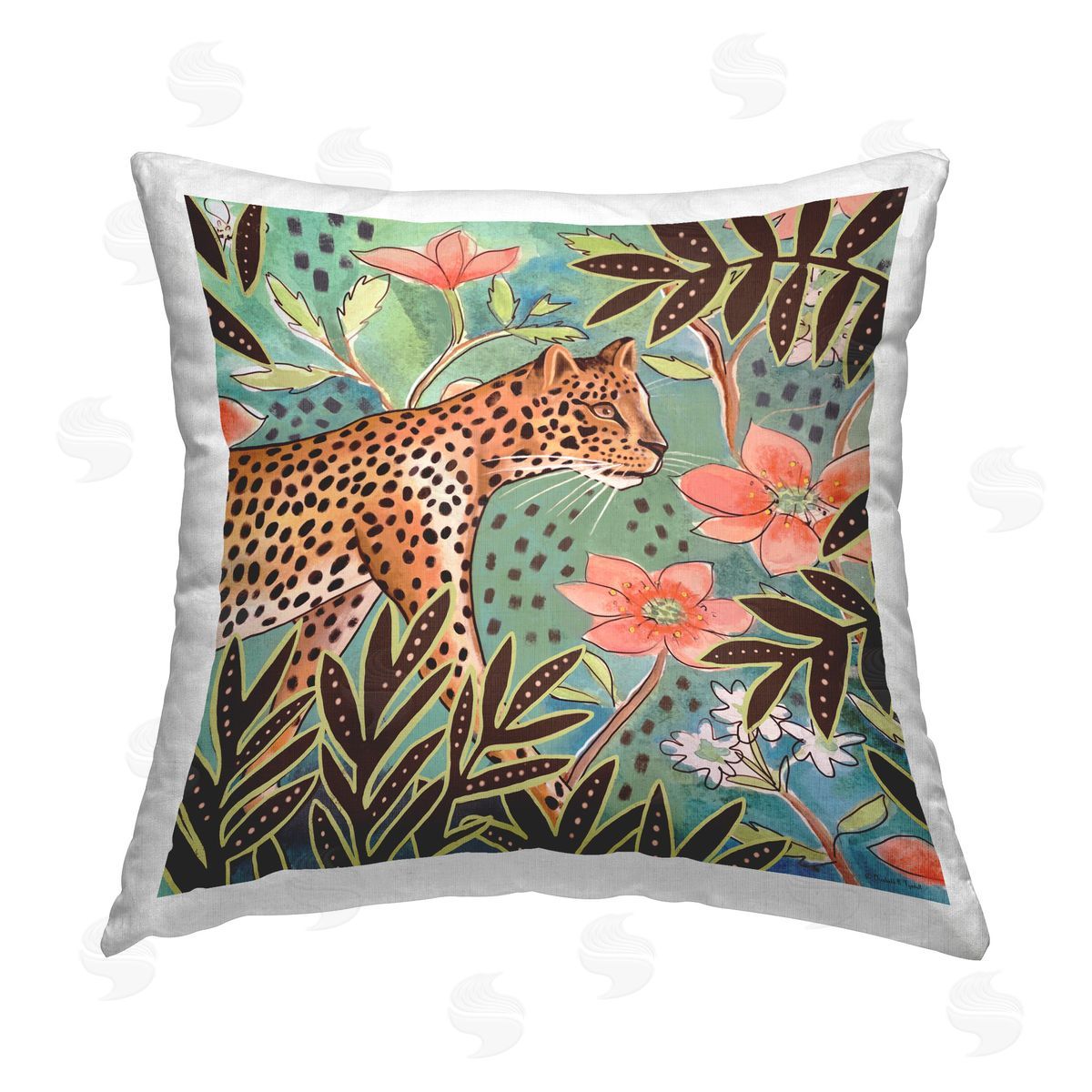 Elizabeth Tyndall Jungle Leopard & Leaves Printed Plush Polyester Throw Pillow