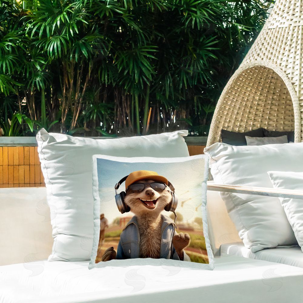 Jim Baldwin Fox Jamming with Headphones Outdoor Quick-Dry Polyester Printed Throw Pillow in Back Yard