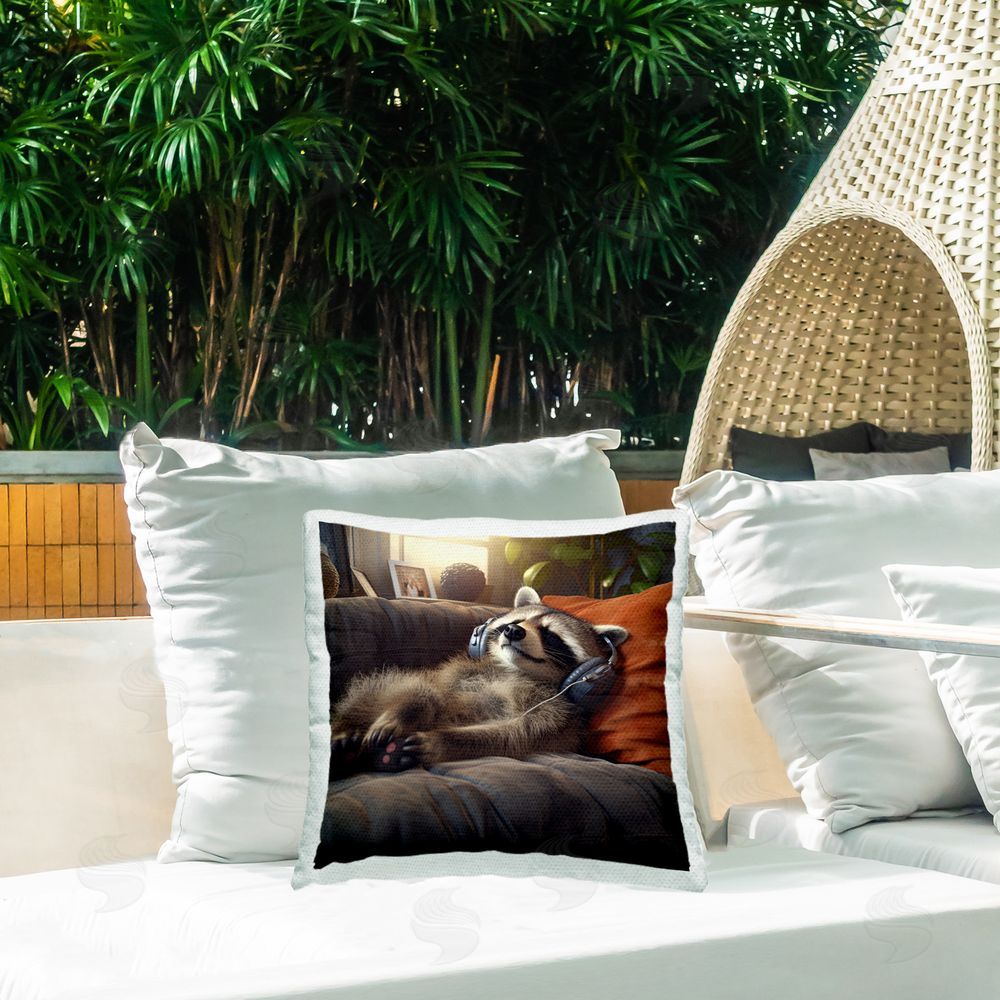 Jim Baldwin Raccoon & Relaxing Music Outdoor Quick-Dry Polyester Printed Throw Pillow in Back Yard