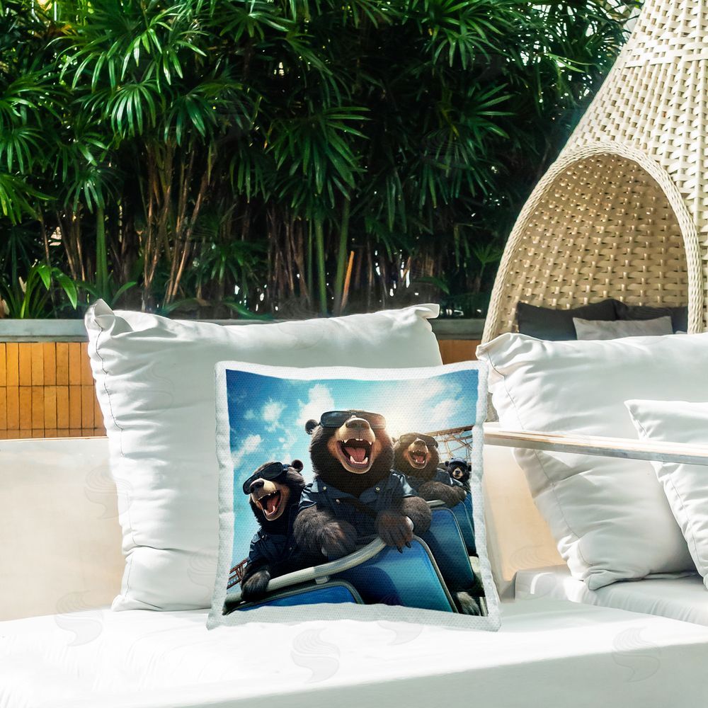Jim Baldwin Fun Bears on Ride Outdoor Quick-Dry Polyester Printed Throw Pillow in Back Yard