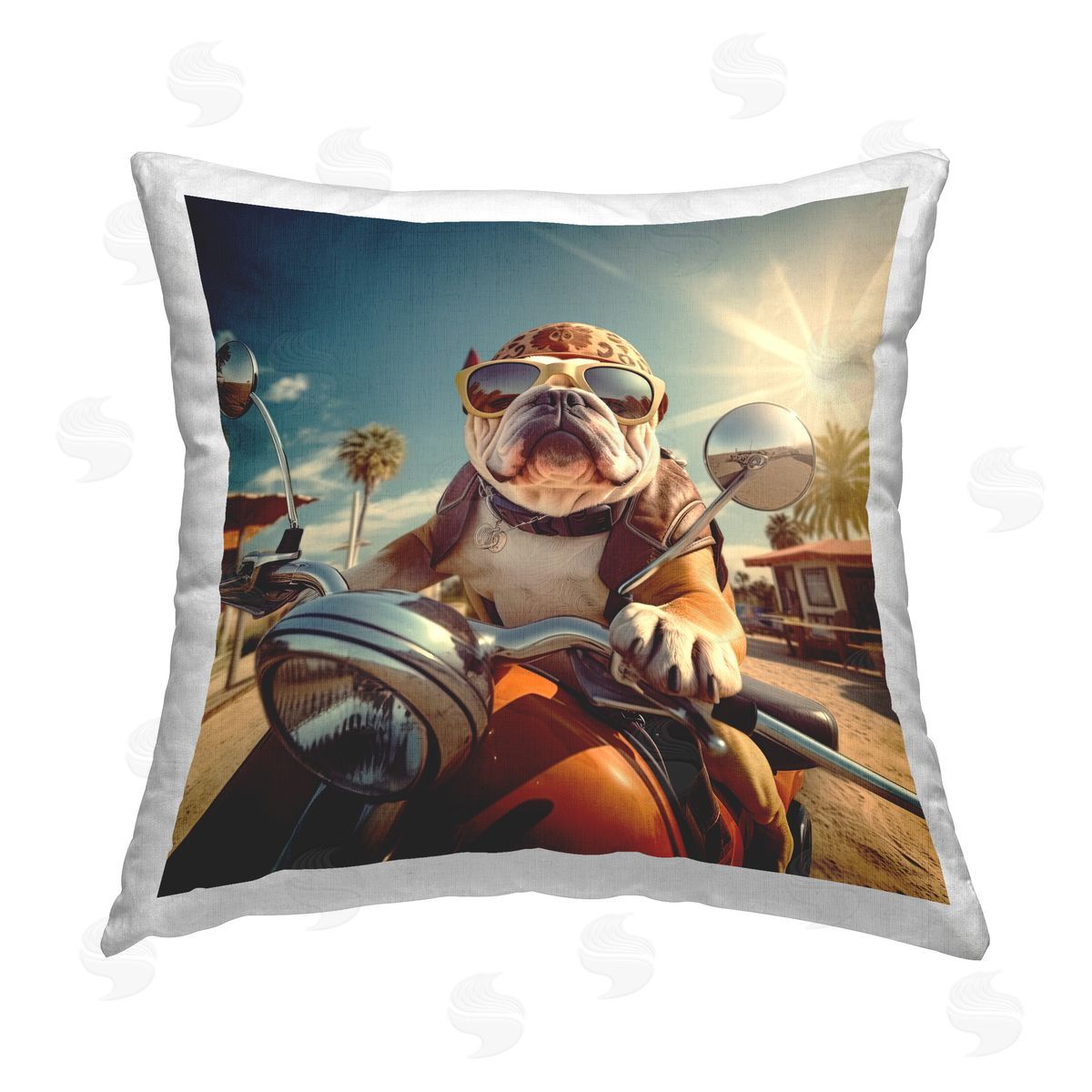 Jim Baldwin Bulldog with Motorcycle Printed Plush Polyester Throw Pillow