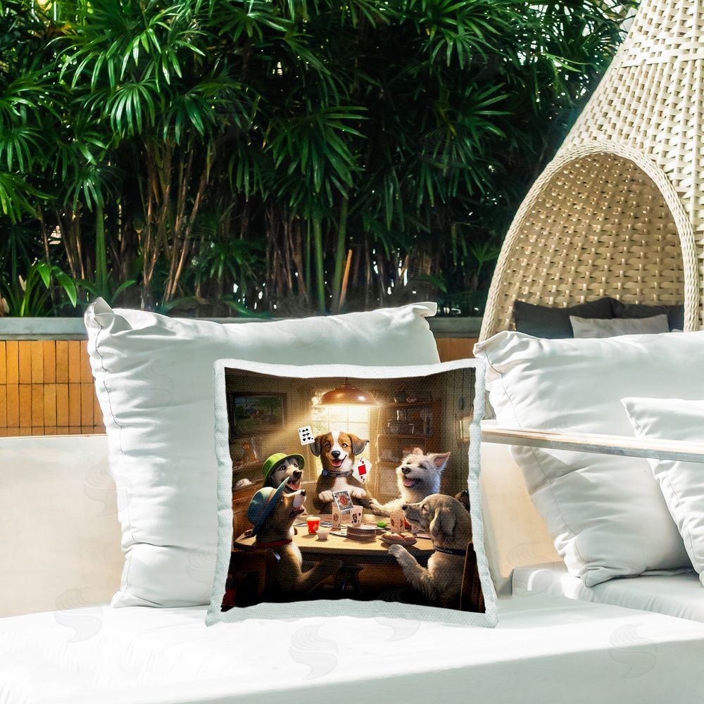 Jim Baldwin Dogs Playing Cards Outdoor Quick-Dry Polyester Printed Throw Pillow in Back Yard