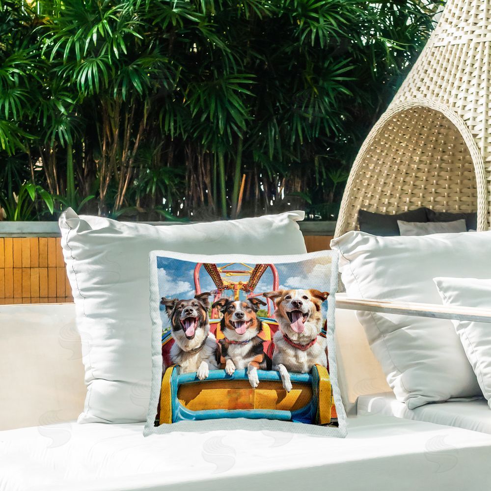Jim Baldwin Dogs on Roller Coaster Outdoor Quick-Dry Polyester Printed Throw Pillow in Back Yard