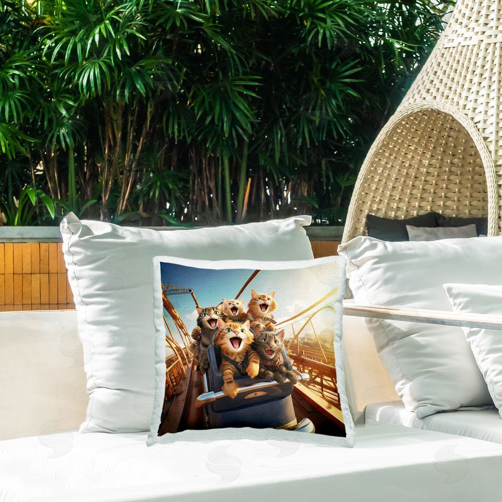 Jim Baldwin Cats on Roller Coaster Outdoor Quick-Dry Polyester Printed Throw Pillow in Back Yard
