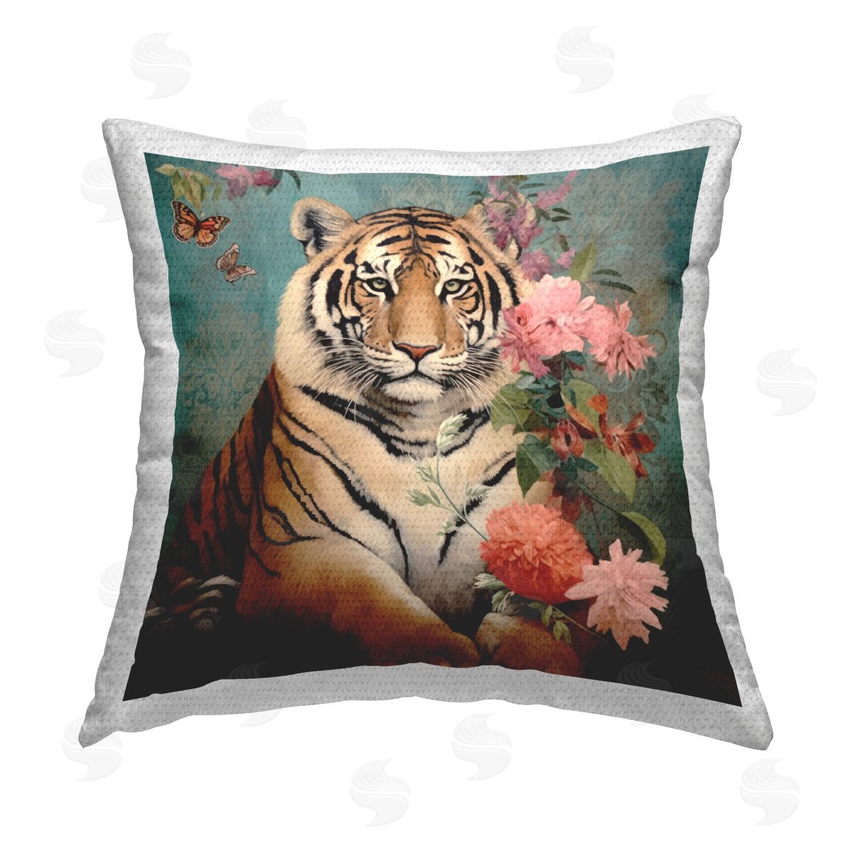 Lazar Studio Tiger with Flower Bunches Outdoor Quick-Dry Polyester Printed Throw Pillow