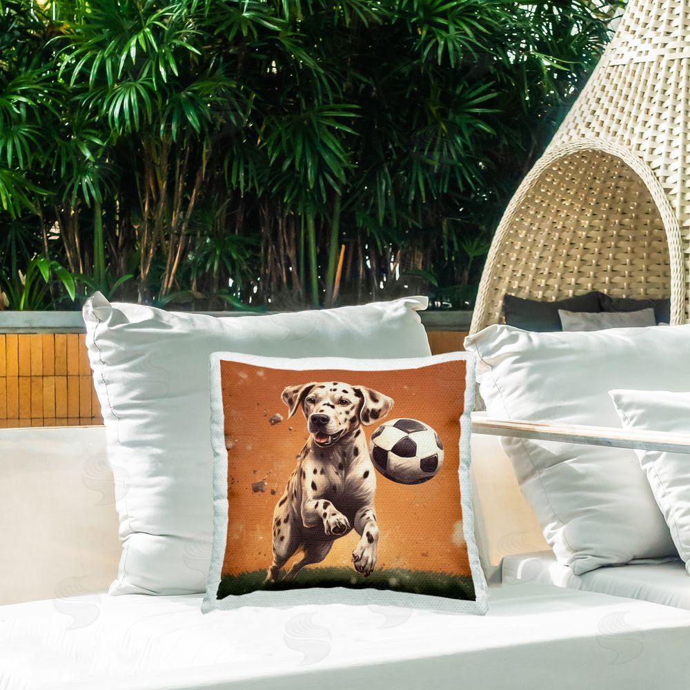 Lazar Studio Dog Playing Soccer Outdoor Quick-Dry Polyester Printed Throw Pillow in Back Yard