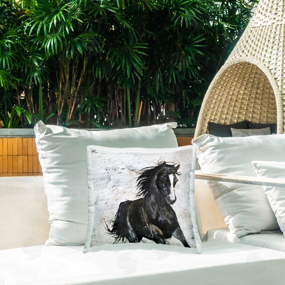Design Fabrikken Galloping Abstract Horse Outdoor Quick-Dry Polyester Printed Throw Pillow in Back Yard