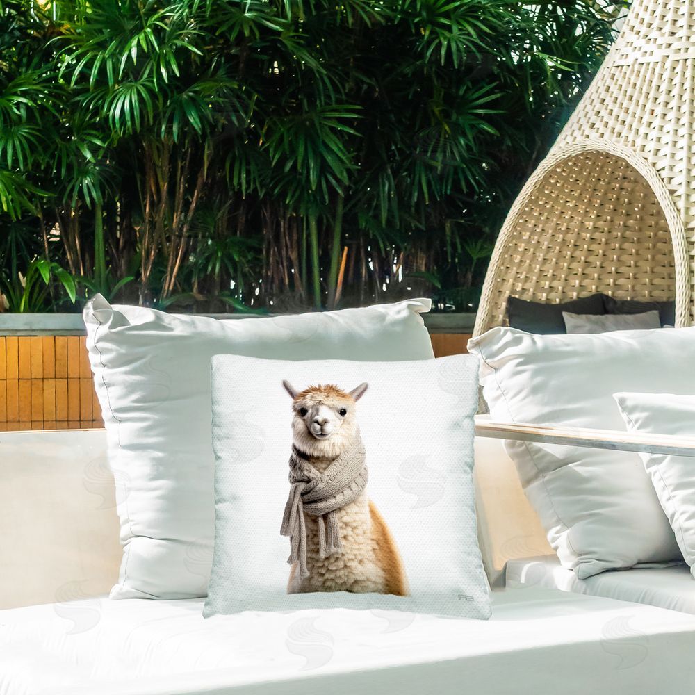 RB Fluffy Alpaca in Scarf Outdoor Quick-Dry Polyester Printed Throw Pillow in Back Yard