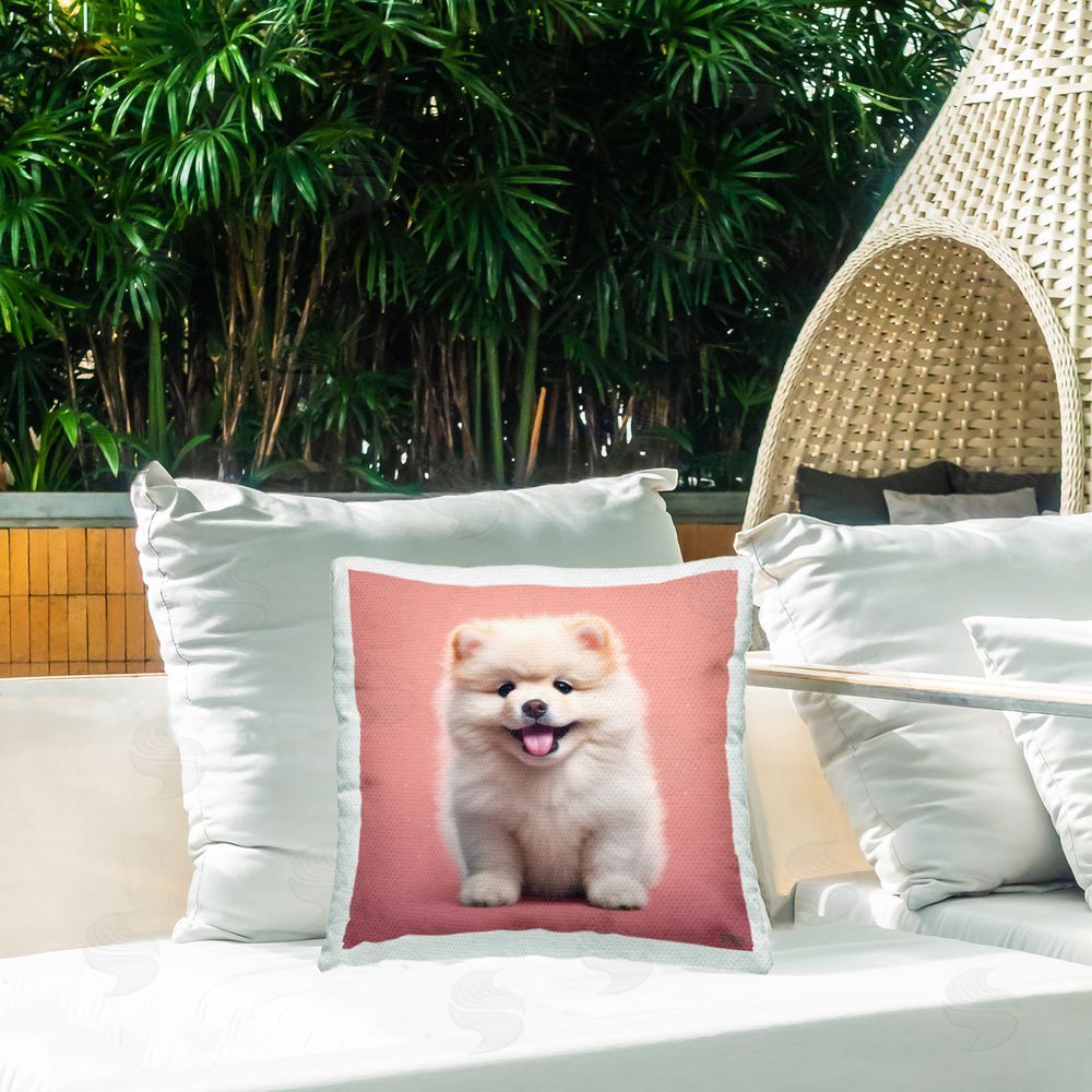 RB Fluffy White Puppy Outdoor Quick-Dry Polyester Printed Throw Pillow in Back Yard