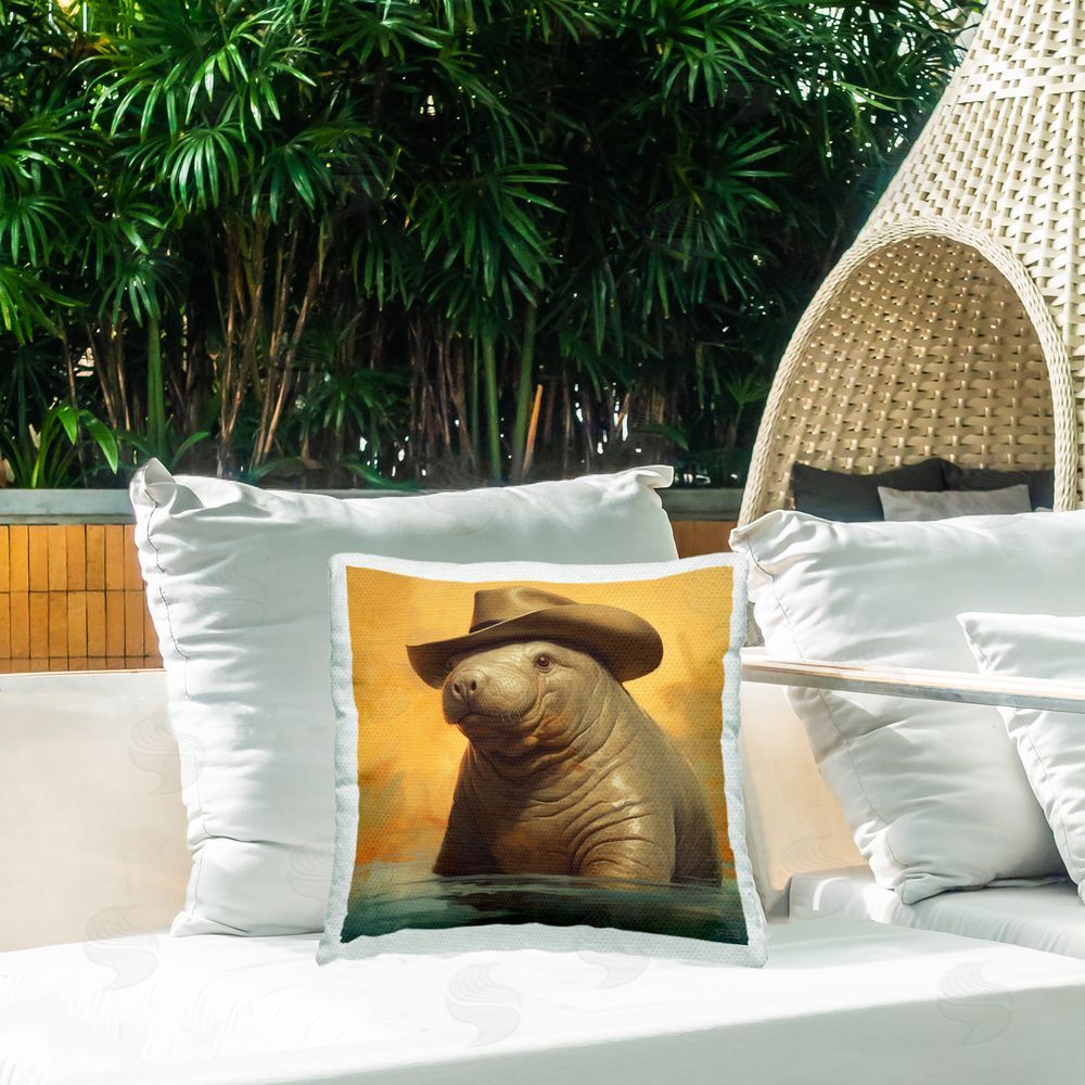 RB Manatee & Cowboy Hat Outdoor Quick-Dry Polyester Printed Throw Pillow in Back Yard