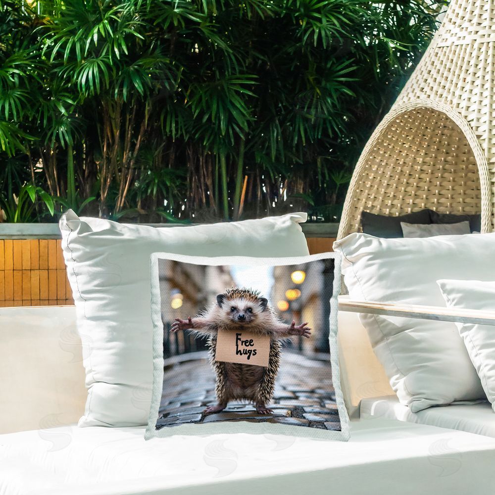 RB Free Hugs Hedgehog Outdoor Quick-Dry Polyester Printed Throw Pillow in Back Yard