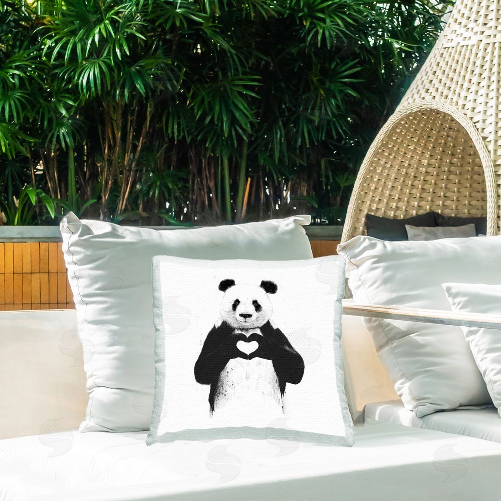 Balazs Solti Panda & Heart Symbol Outdoor Quick-Dry Polyester Printed Throw Pillow in Back Yard