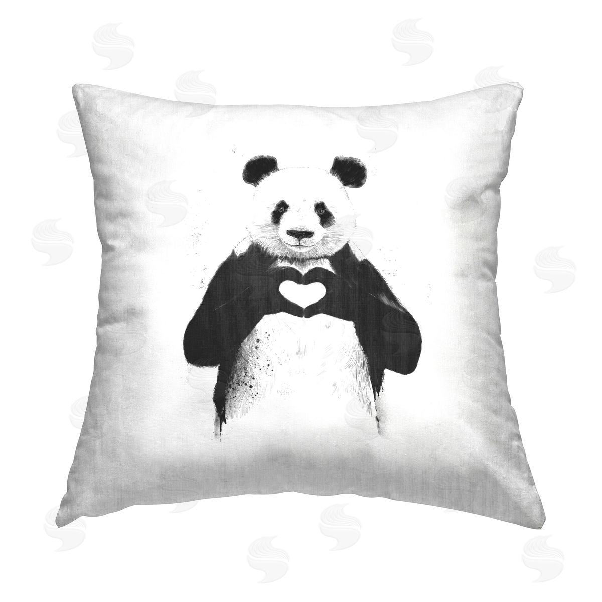 Balazs Solti Panda & Heart Symbol Printed Plush Polyester Throw Pillow