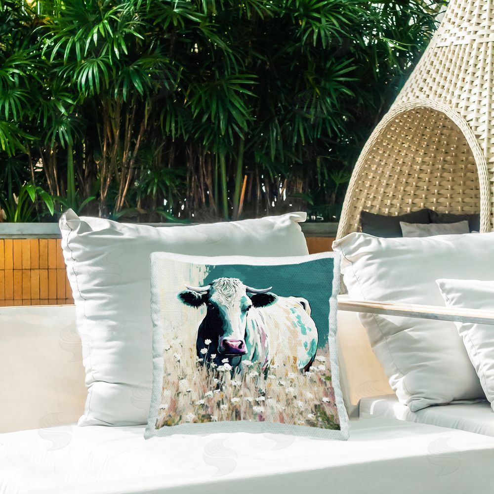 Seven Trees Design Modern Cow in Meadow Outdoor Quick-Dry Polyester Printed Throw Pillow in Back Yard