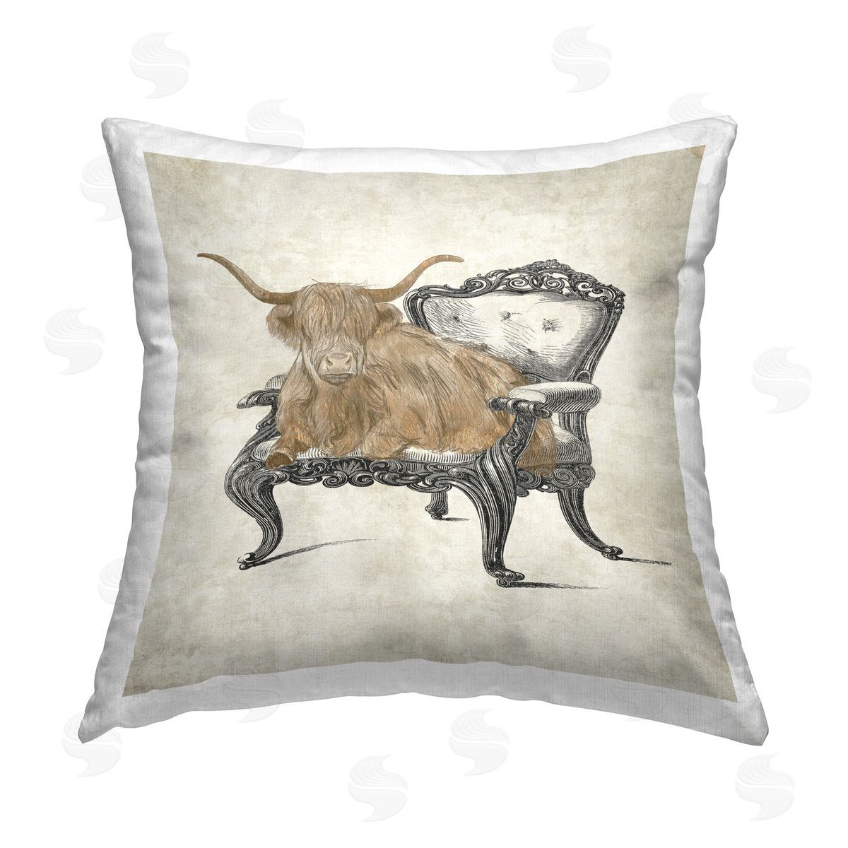 Elizabeth Medley Longhorn & Antique Chair Printed Plush Polyester Throw Pillow