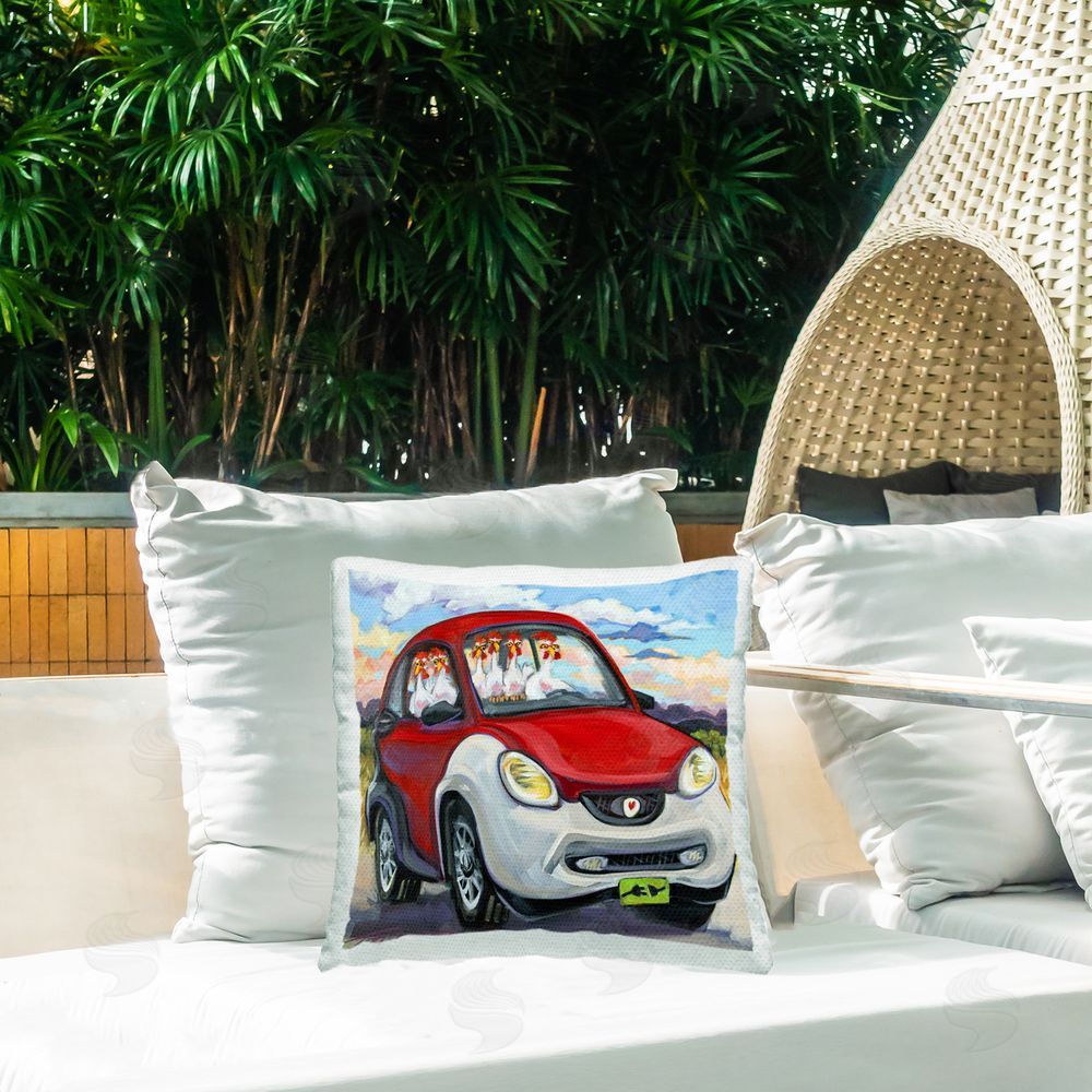CR Townsend Road Trip Chickens Outdoor Quick-Dry Polyester Printed Throw Pillow in Back Yard