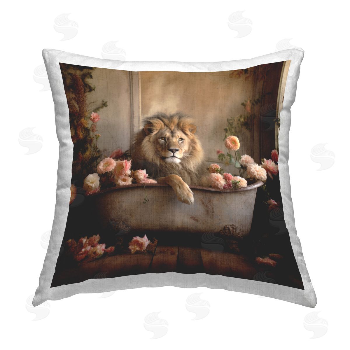 Lazar Studio Lion in Floral Tub Printed Plush Polyester Throw Pillow