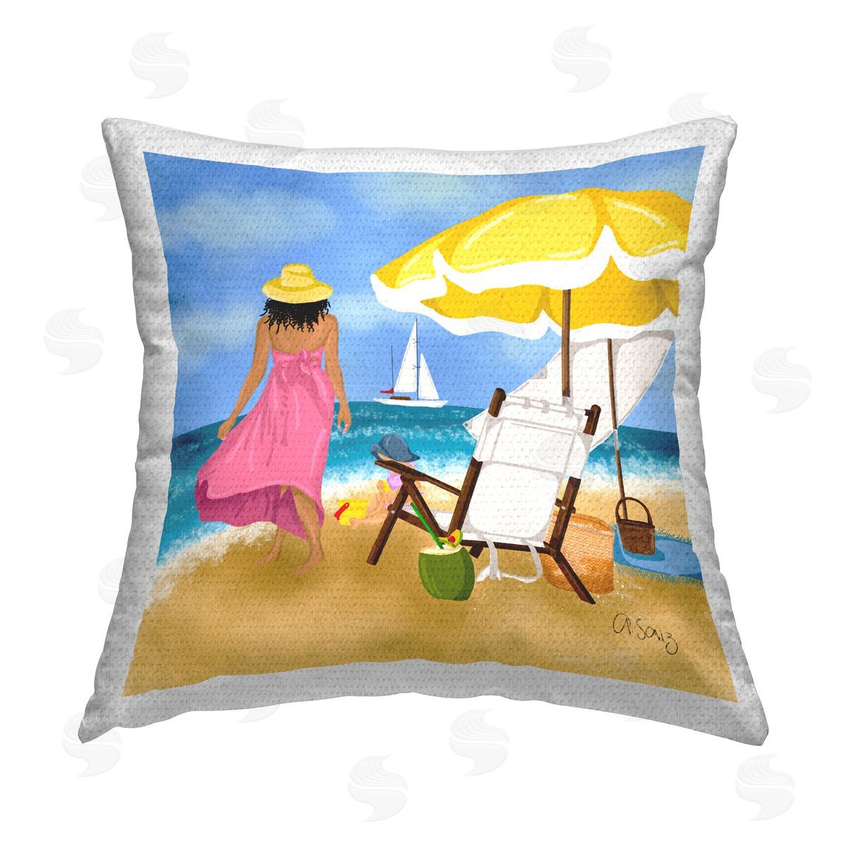 Ale Saiz Studio Woman Strolling Beach Outdoor Quick-Dry Polyester Printed Throw Pillow