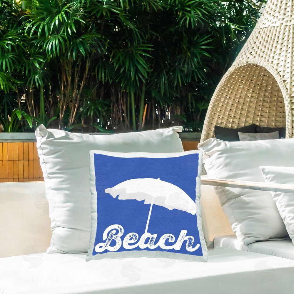 Graffitee Studios Beach Umbrella on Blue Outdoor Quick-Dry Polyester Printed Throw Pillow in Back Yard