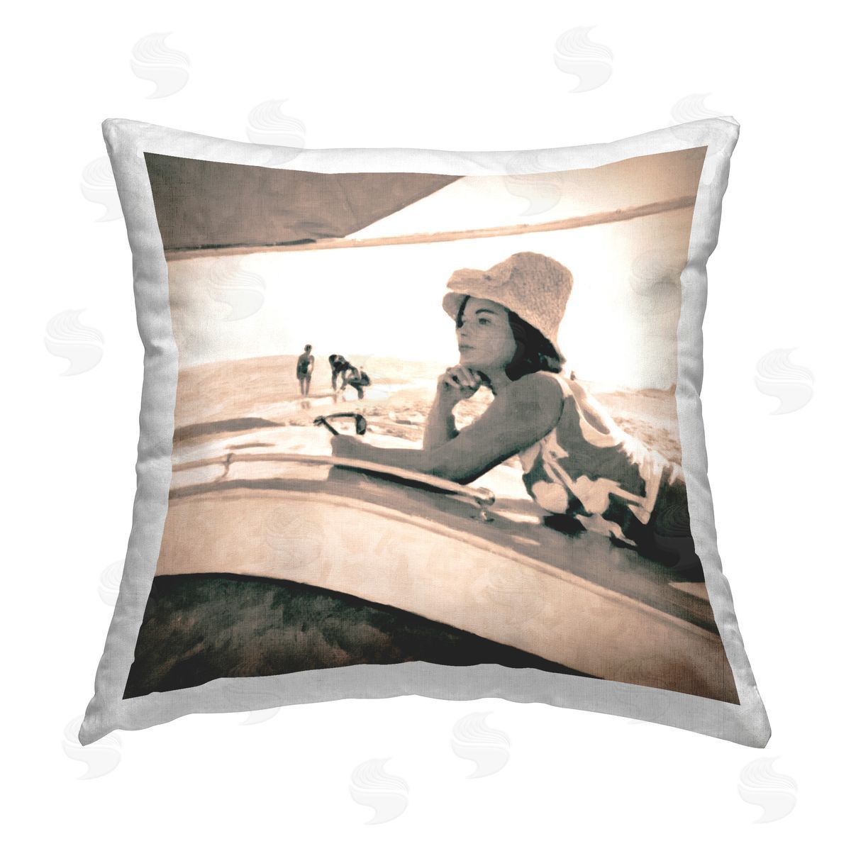Graffitee Studios Vintage Girl on Beach Printed Plush Polyester Throw Pillow