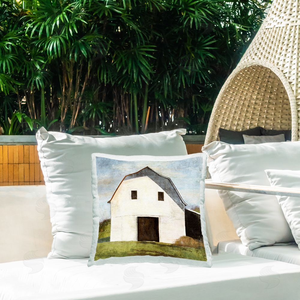 Suzanne Nicoll White Barn Landscape Outdoor Quick-Dry Polyester Printed Throw Pillow in Back Yard