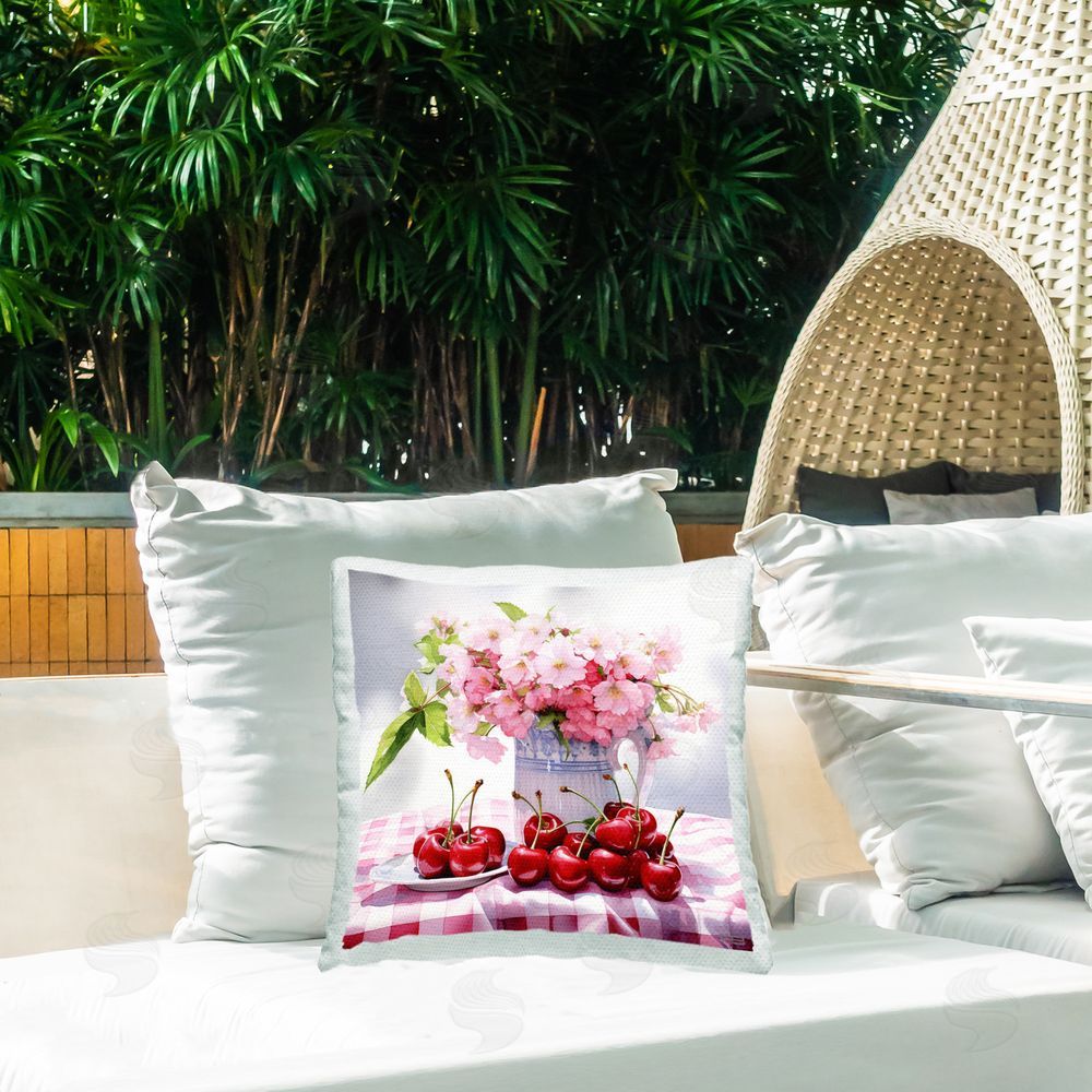 RB Spring Cherries & Bouquet Outdoor Quick-Dry Polyester Printed Throw Pillow in Back Yard