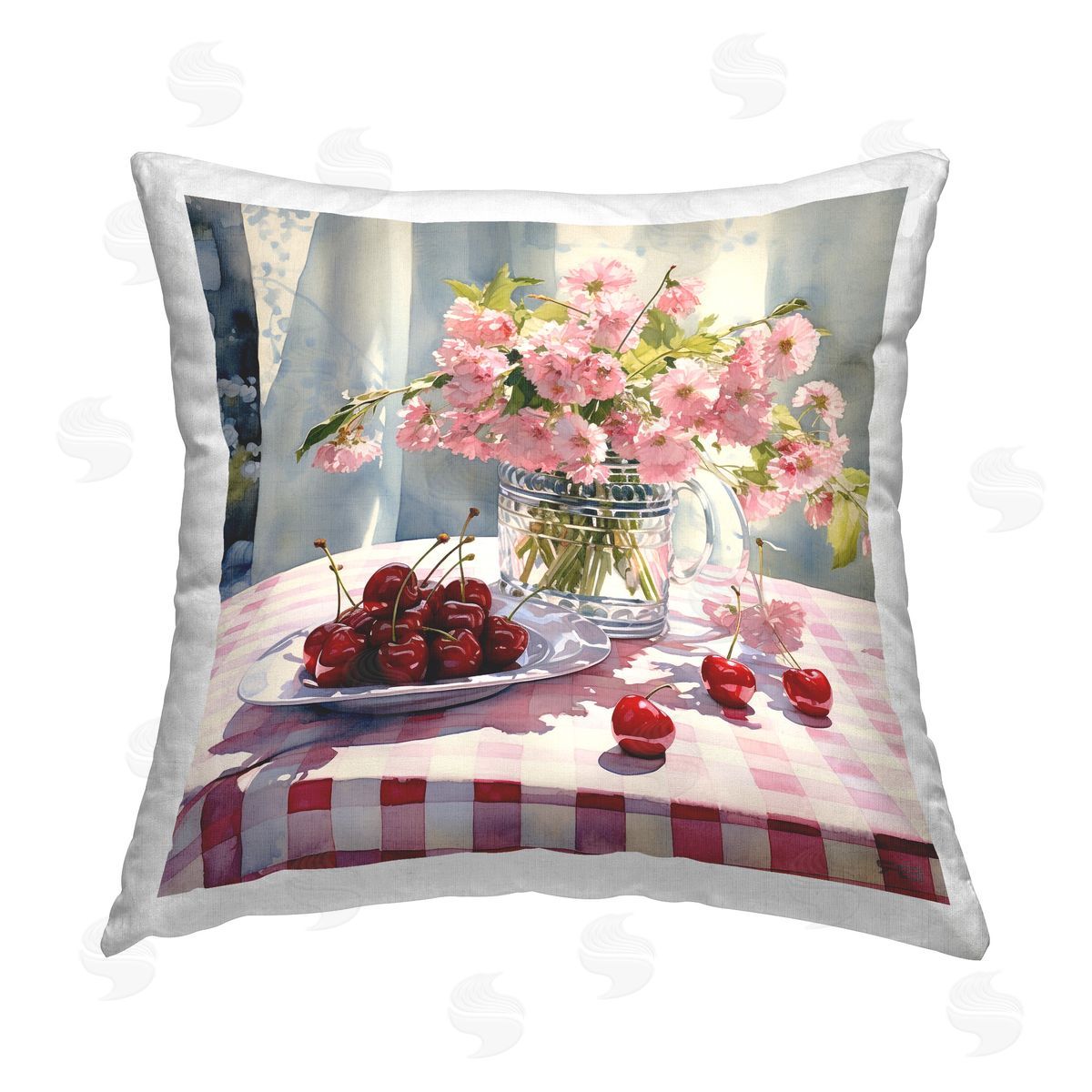 RB Pink Blossoms & Cherries Printed Plush Polyester Throw Pillow