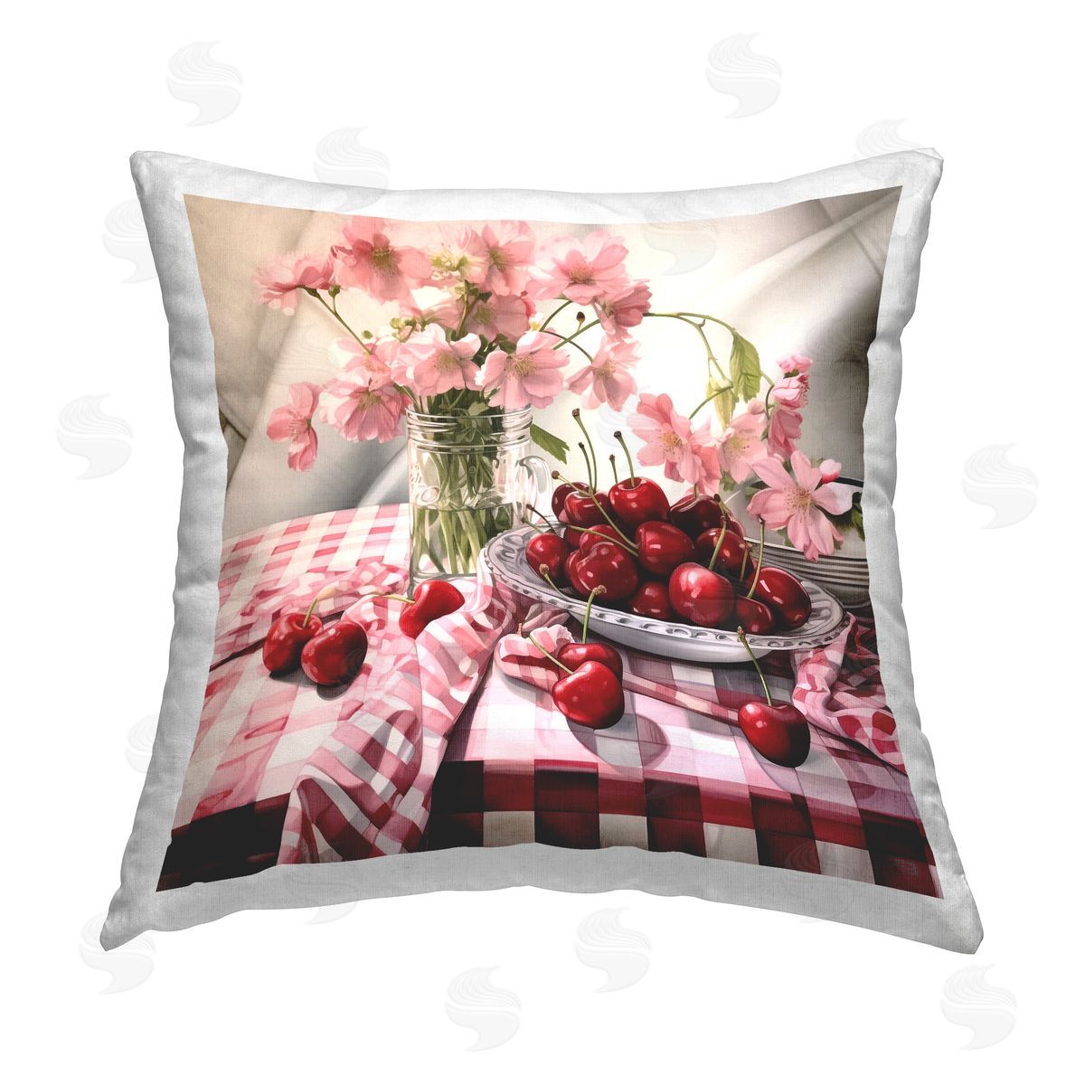 RB Ripe Cherries & Florals Printed Plush Polyester Throw Pillow