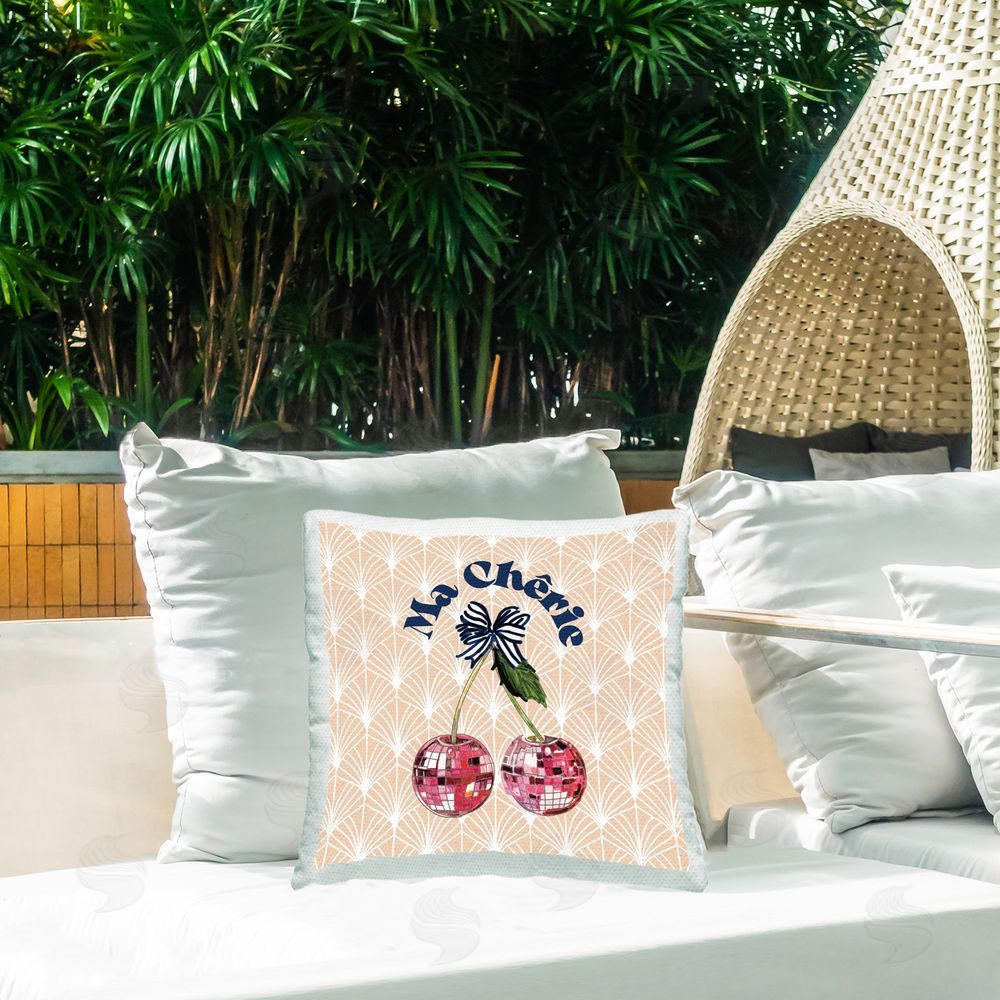 Amelia Noyes Patterned Cherry with Phrase Outdoor Quick-Dry Polyester Printed Throw Pillow in Back Yard