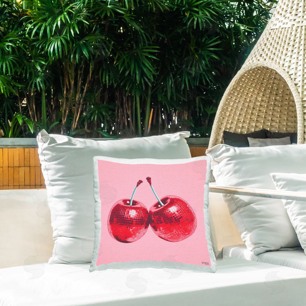 RB Red Cherries on Pink Outdoor Quick-Dry Polyester Printed Throw Pillow in Back Yard
