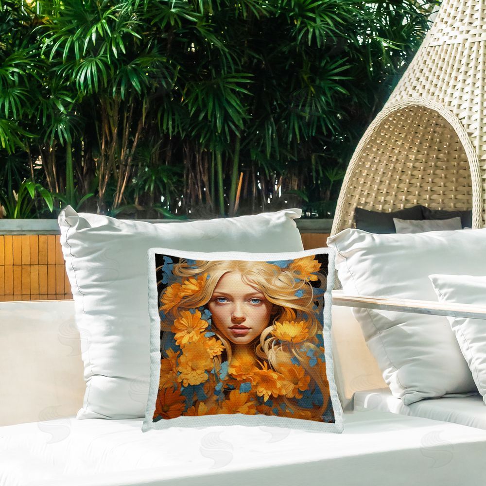 RB Orange Floral Portrait Outdoor Quick-Dry Polyester Printed Throw Pillow in Back Yard