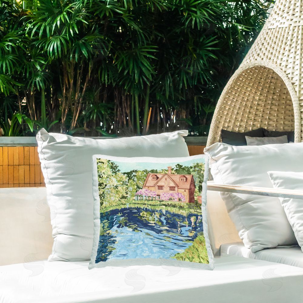 Melissa Wang Floral Cottage & Lake Outdoor Quick-Dry Polyester Printed Throw Pillow in Back Yard